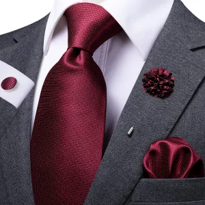 Red Solid Men's Tie Pocket Square Cufflinks Set with Brooch