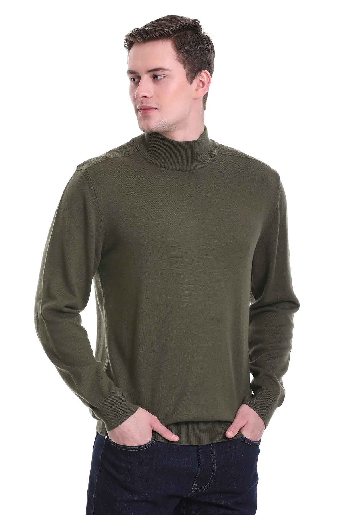 Regular Fit Khaki Cotton Blend Mock Neck Sweater