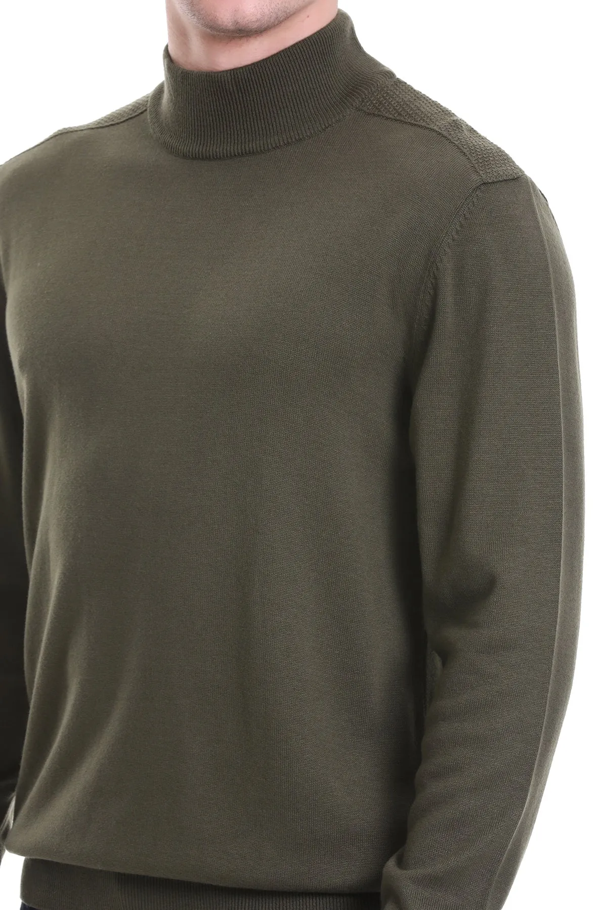 Regular Fit Khaki Cotton Blend Mock Neck Sweater