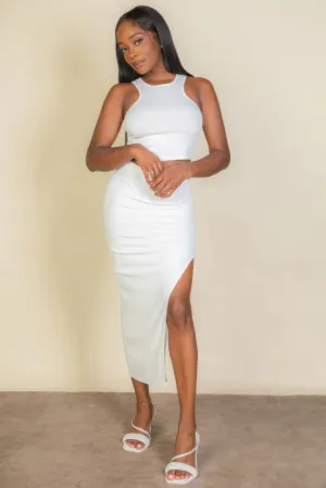 Ribbed cropped top and maxi side slit skirt outfit set