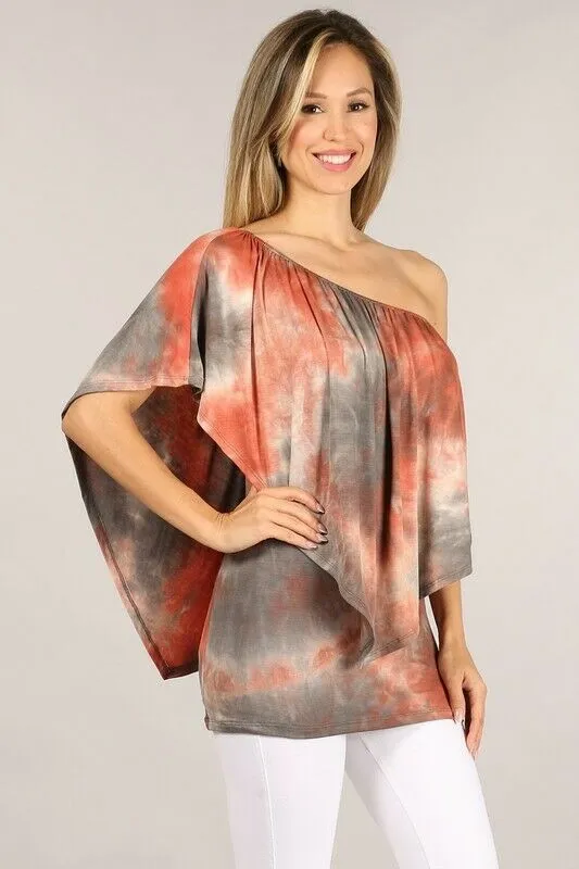 Rust Gray Tie Dye Boho Convertible Off One Shoulder Womens Casual Top