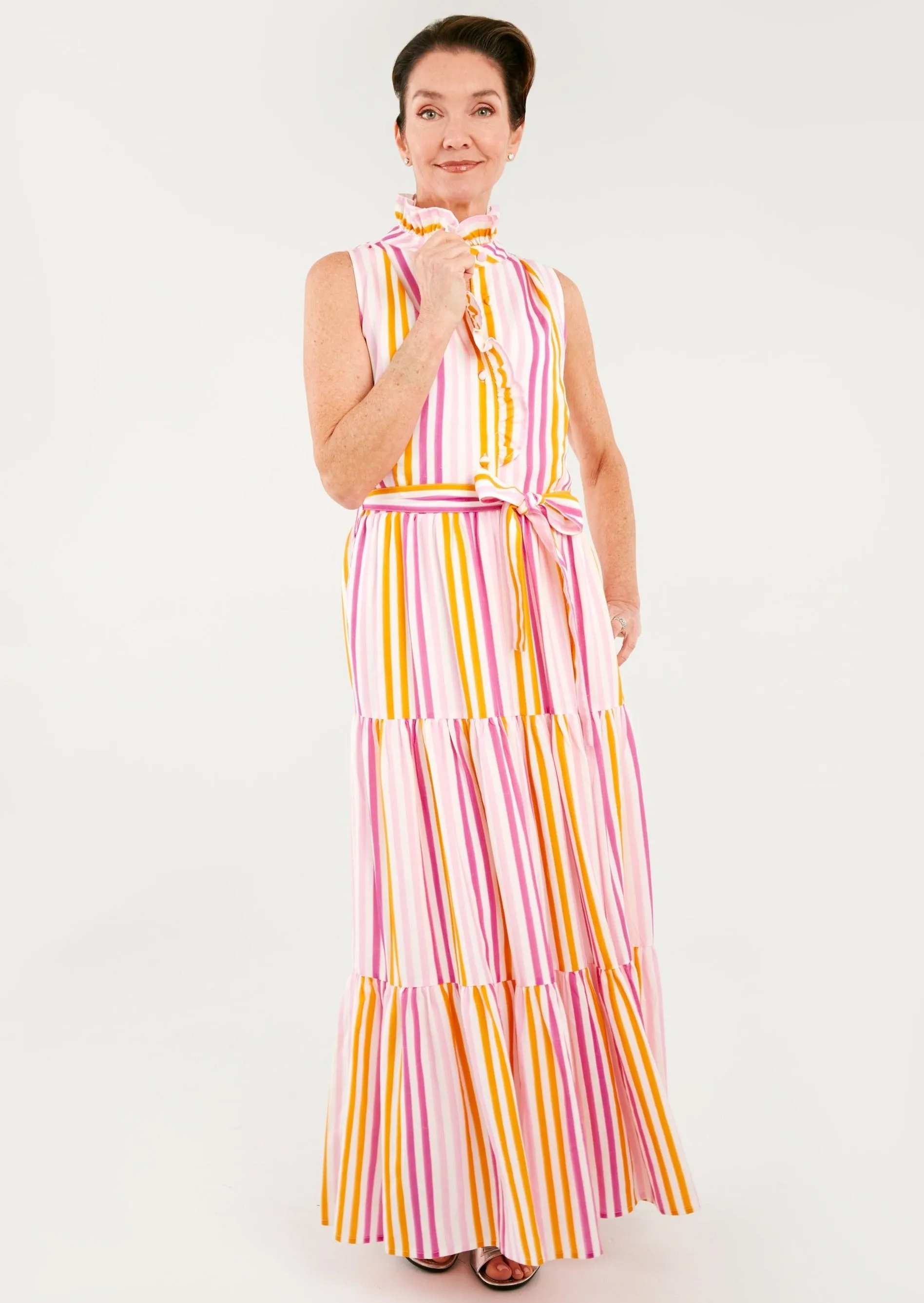 Sadie Sleeveless Maxi Dress Pink Striped Linen