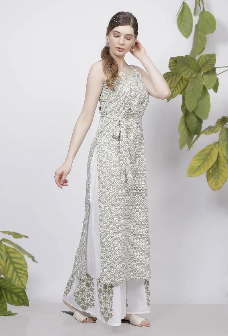 Sage Green Floral Hand-Block Printed Cotton Tie Up Slip Kurta