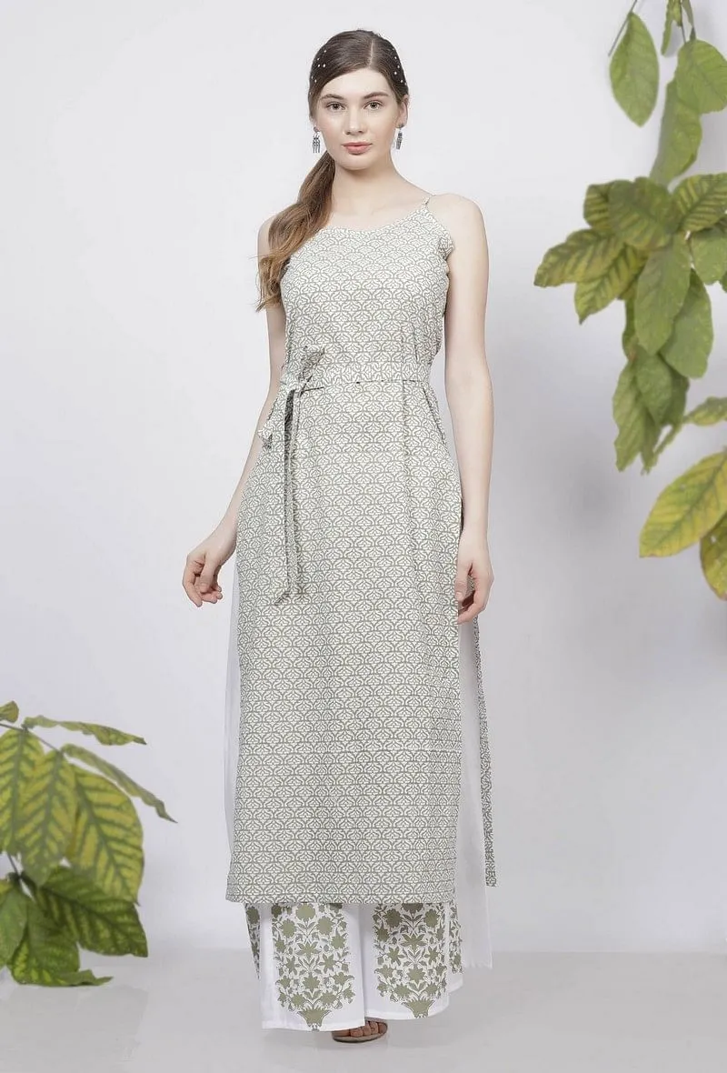 Sage Green Floral Hand-Block Printed Cotton Tie Up Slip Kurta