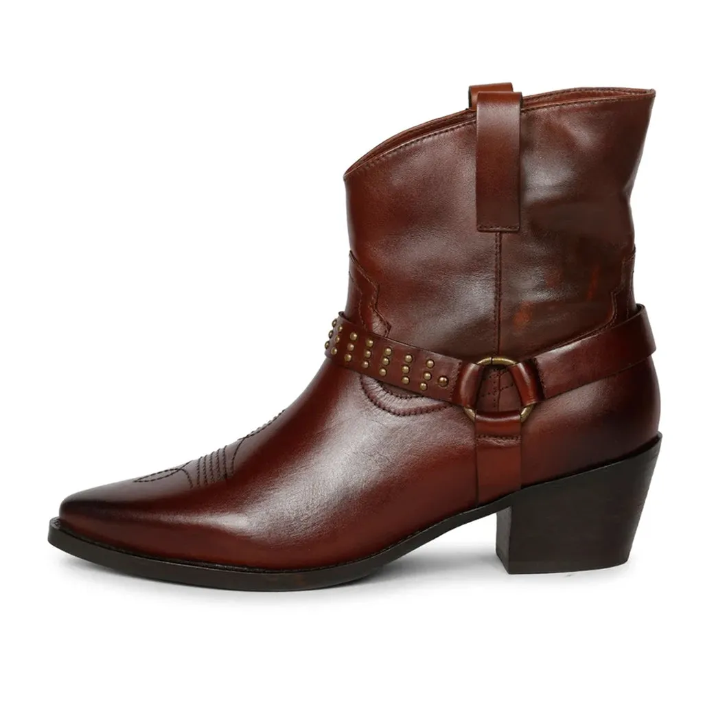 Saint Enrica Metal Studded Teak Leather Ankle Boots