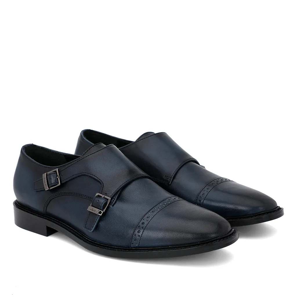 Saint Perctarit Blue Leather Double Buckle Monk Brogue Shoes