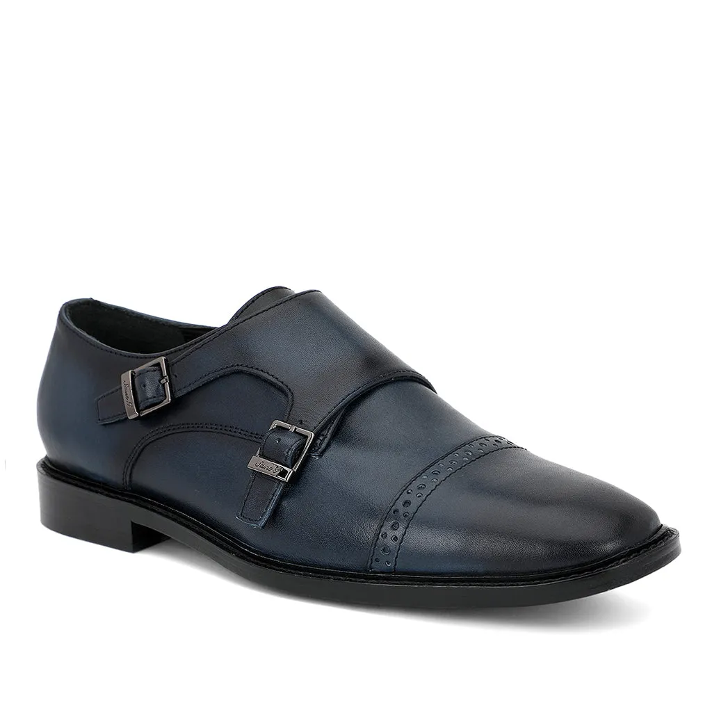 Saint Perctarit Blue Leather Double Buckle Monk Brogue Shoes