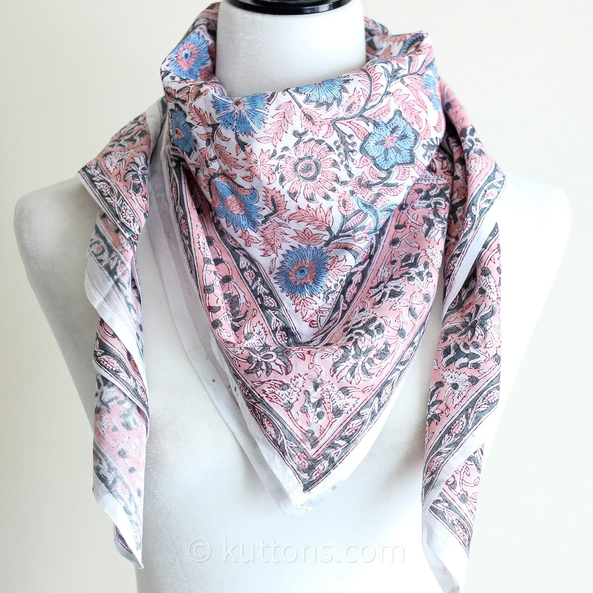 Sanganeri Hand-Block Printed Cotton Bandana - Soft, Lightweight, Airy | Pink, 42x40"