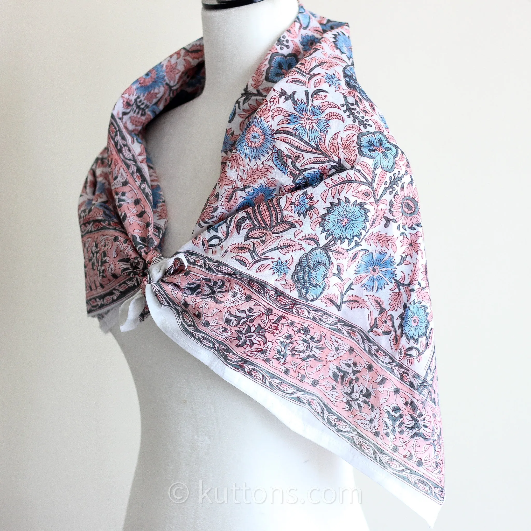 Sanganeri Hand-Block Printed Cotton Bandana - Soft, Lightweight, Airy | Pink, 42x40"