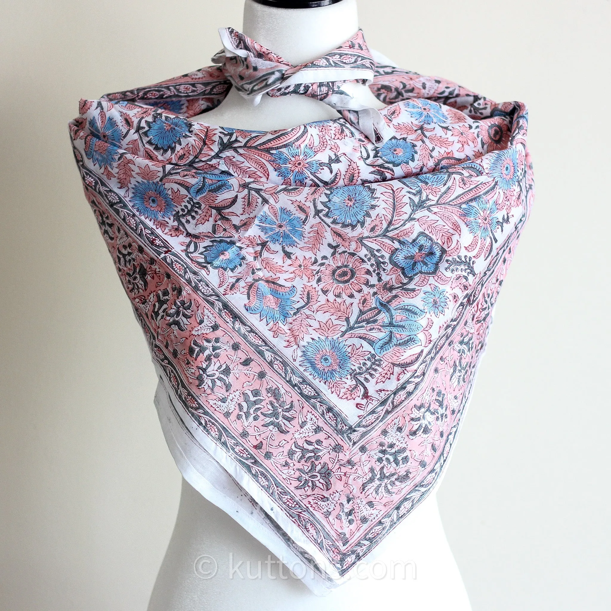 Sanganeri Hand-Block Printed Cotton Bandana - Soft, Lightweight, Airy | Pink, 42x40"