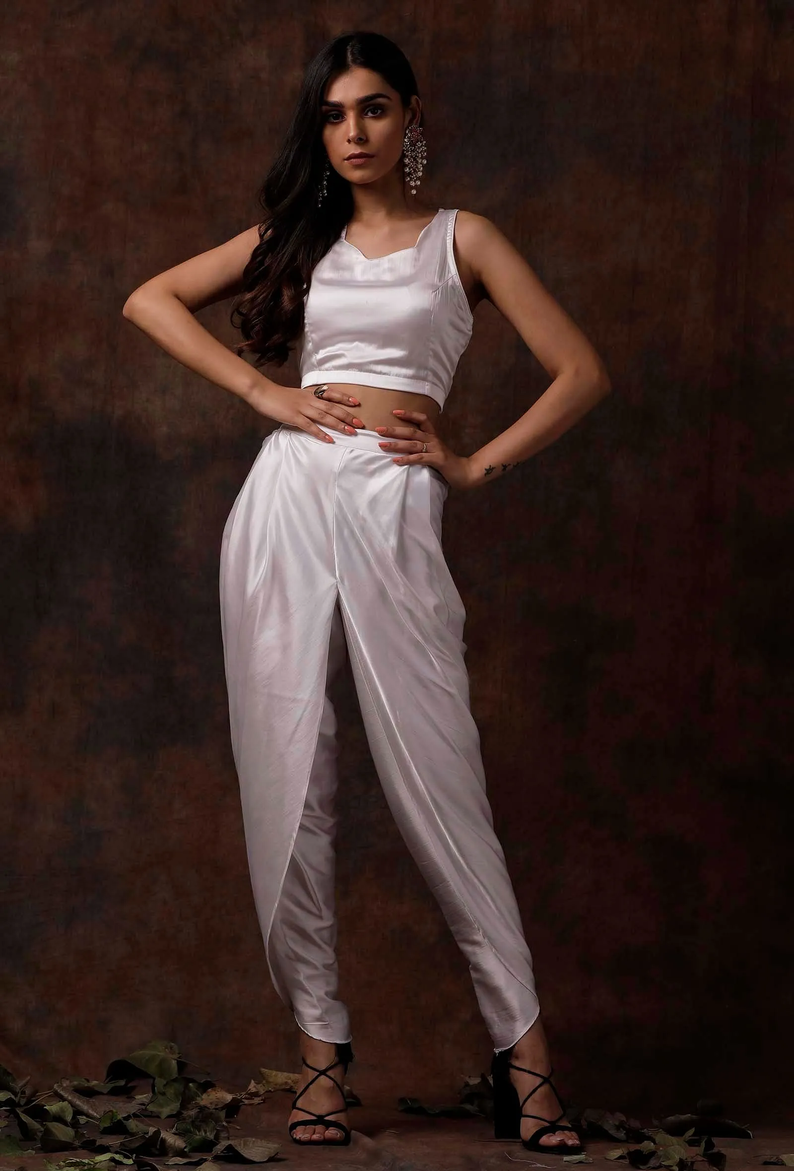 Set of 2 : White Slip Satin Blouse and Dhoti