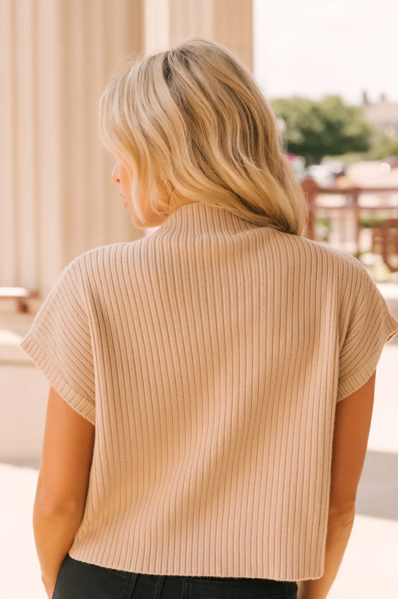 Short Sleeve Mock Neck Ribbed Sweater - Taupe - DOORBUSTER