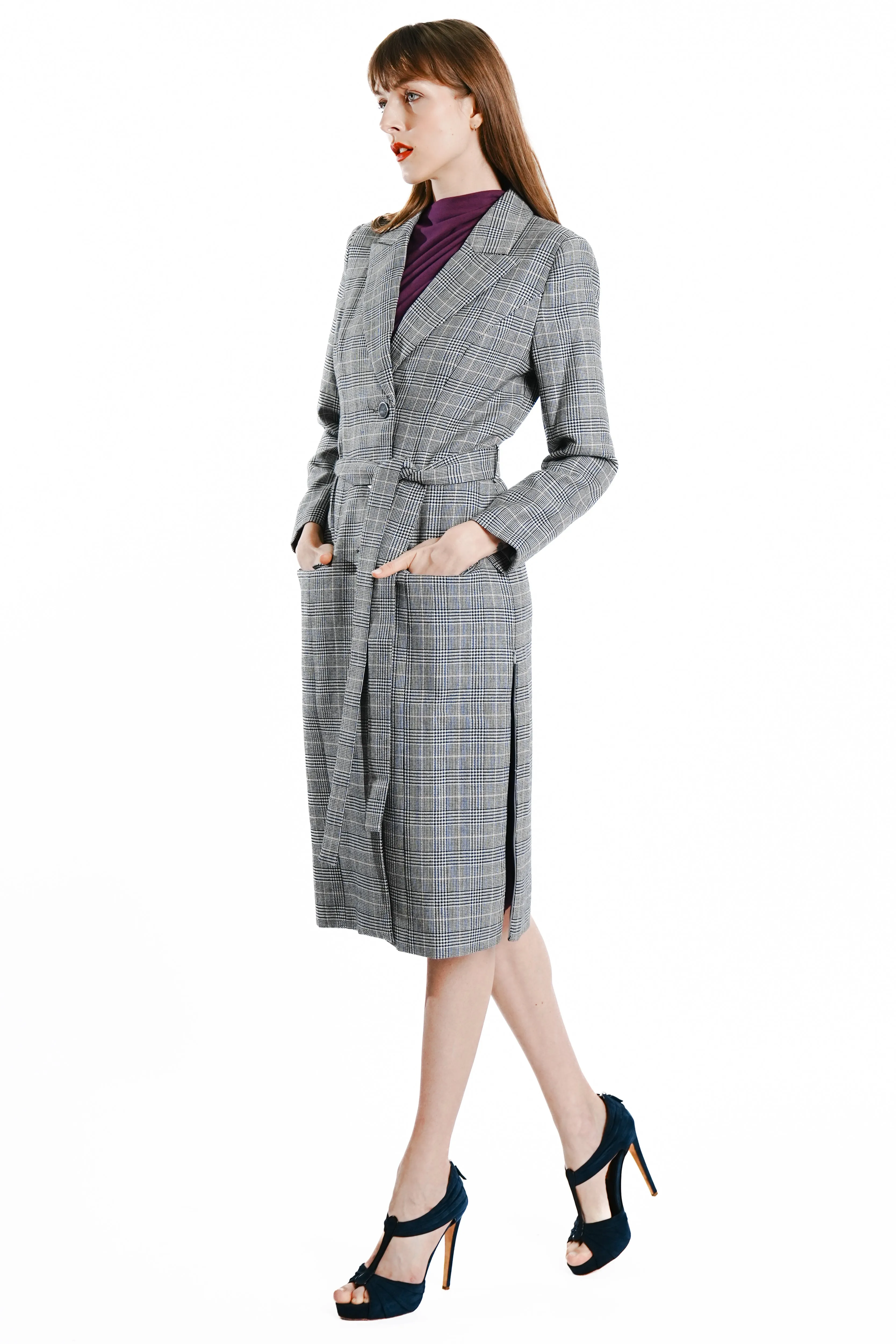 Sianna Maxi Wool Glen Plaid Coat with Side Zipper