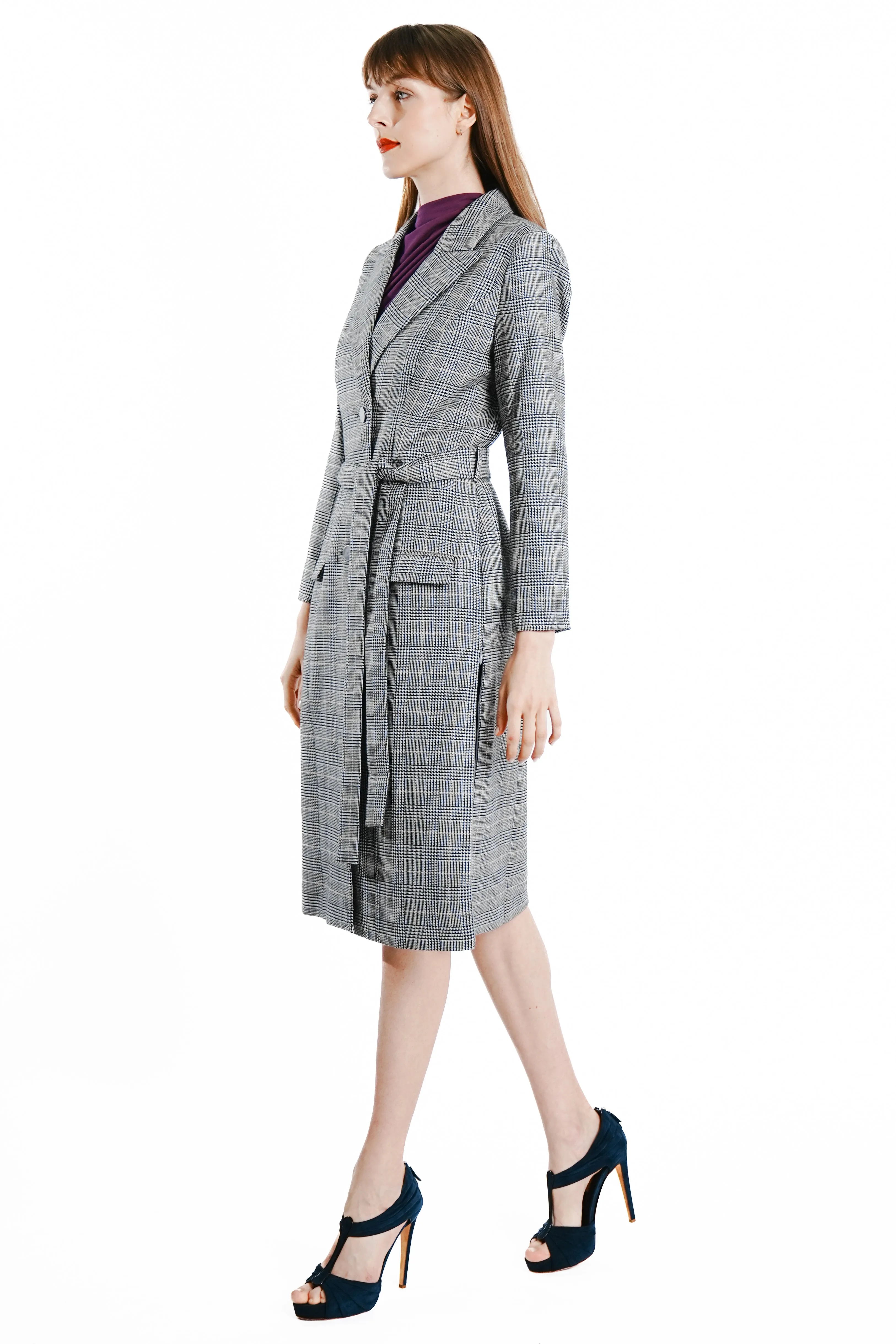 Sianna Maxi Wool Glen Plaid Coat with Side Zipper