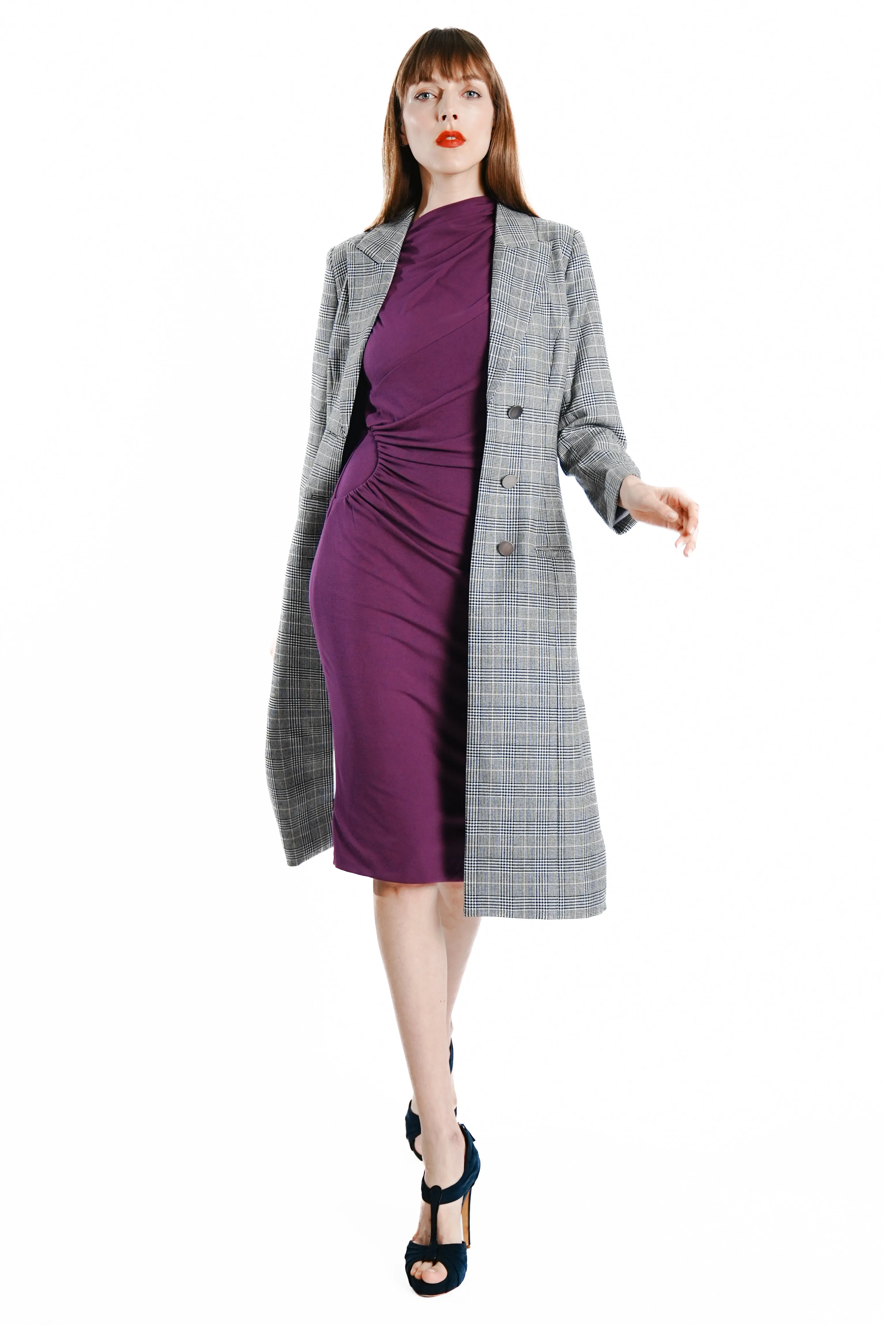 Sianna Maxi Wool Glen Plaid Coat with Side Zipper