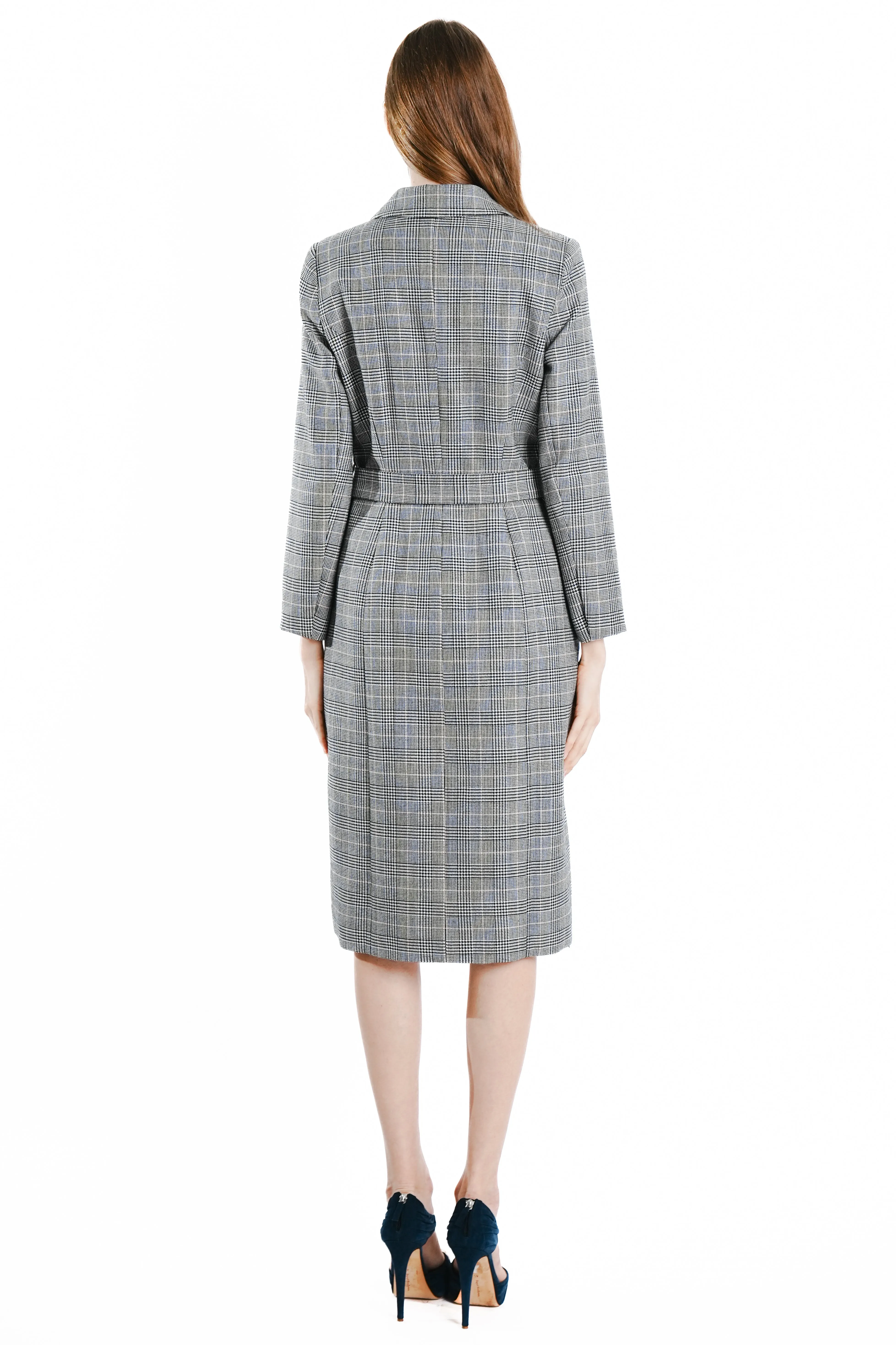 Sianna Maxi Wool Glen Plaid Coat with Side Zipper