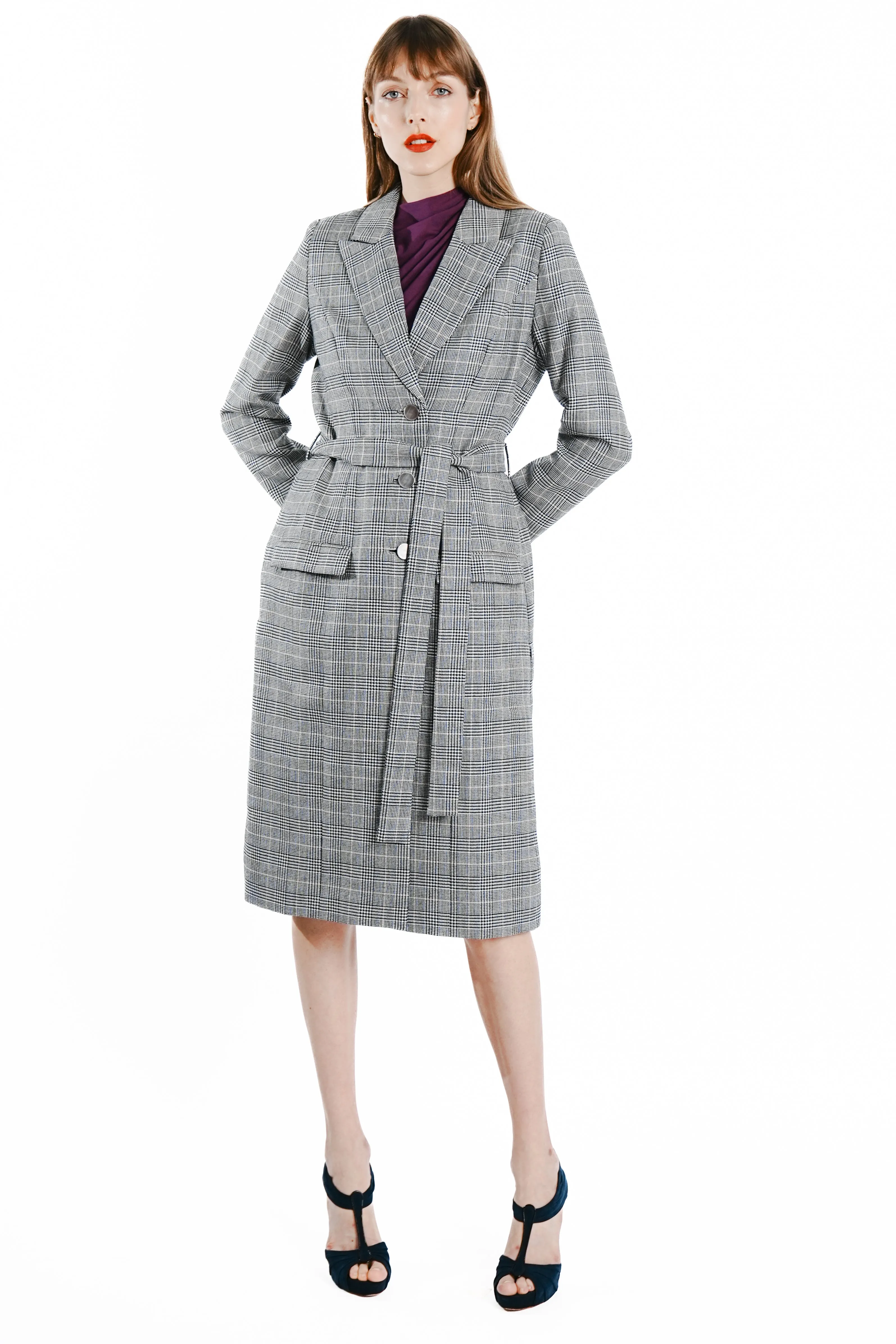 Sianna Maxi Wool Glen Plaid Coat with Side Zipper