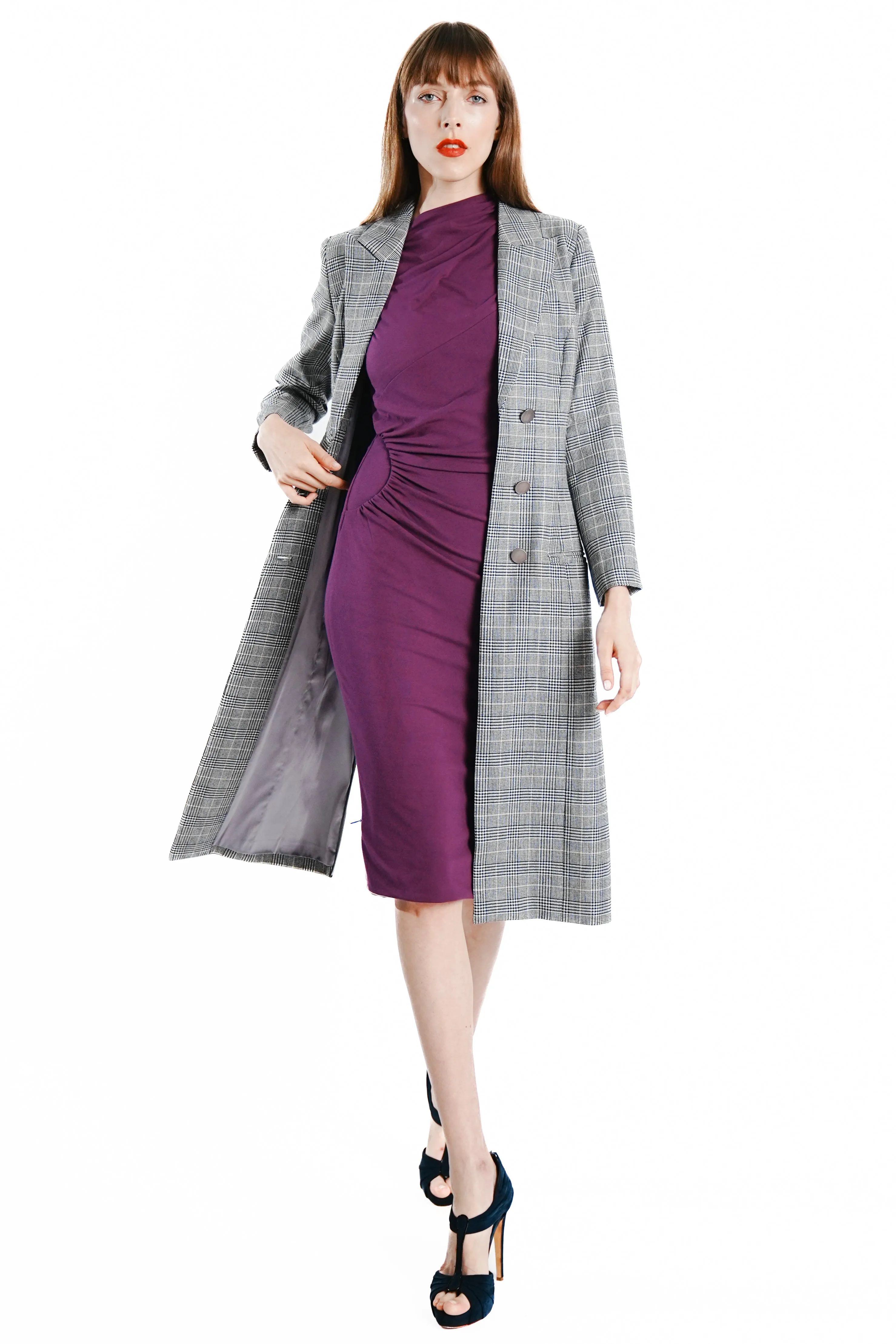 Sianna Maxi Wool Glen Plaid Coat with Side Zipper