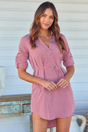 Siara Red Gingham Long Sleeve Shirt Dress