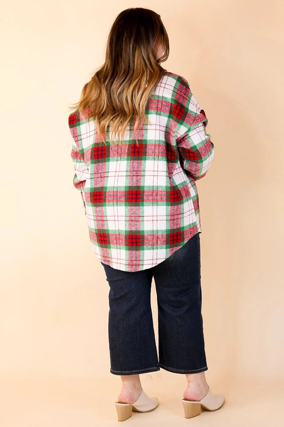 Sleigh All Day Button Up Plaid Shacket in Red and Green