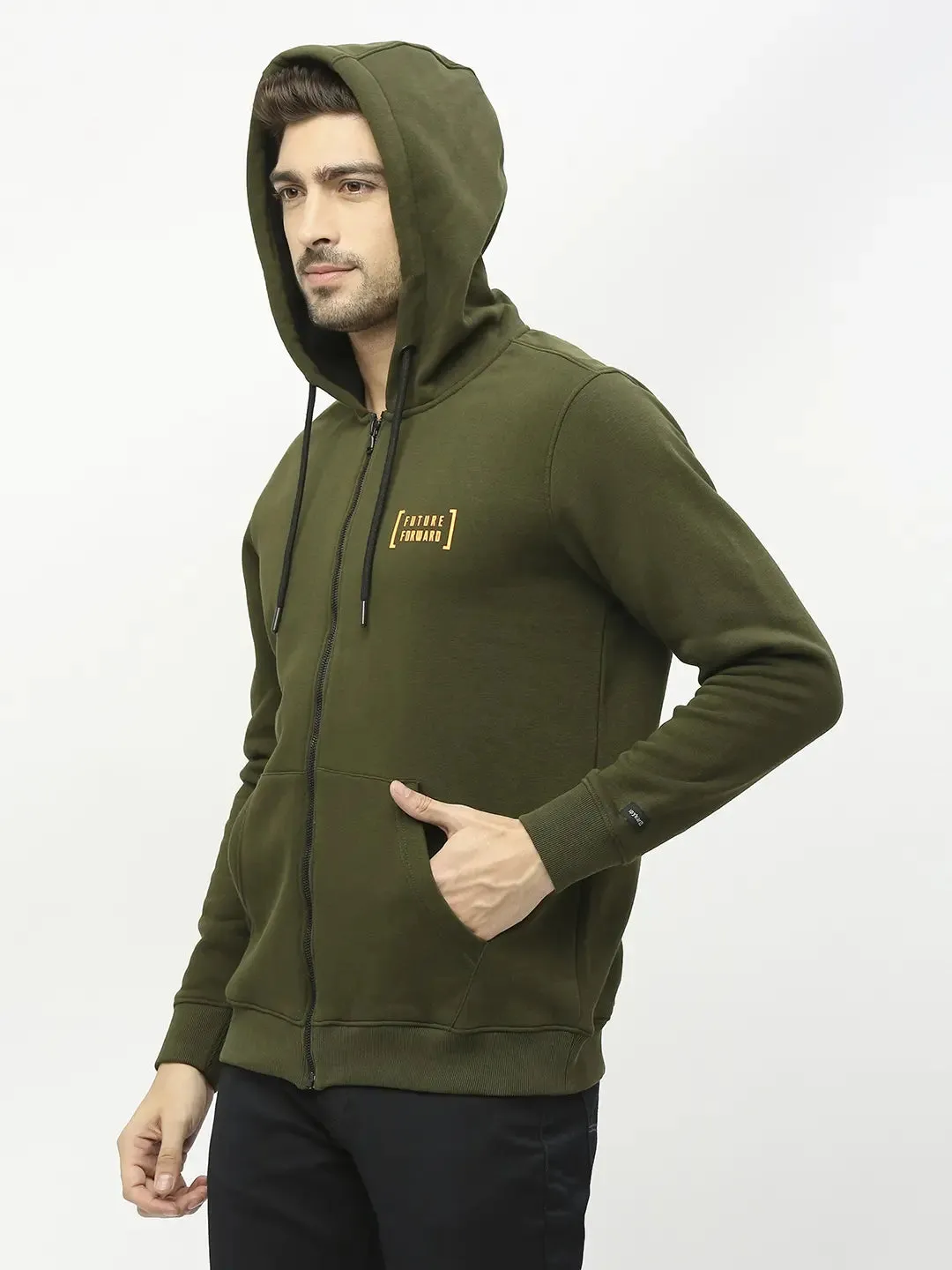 Spykar Men Rifle Green Blended Regular Fit Hooded Plain Sweatshirt