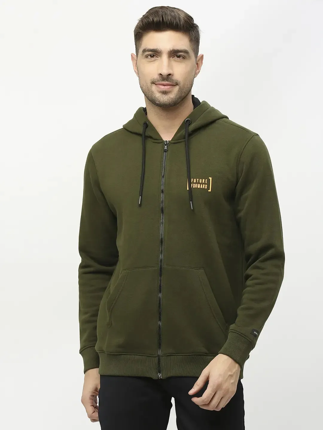 Spykar Men Rifle Green Blended Regular Fit Hooded Plain Sweatshirt