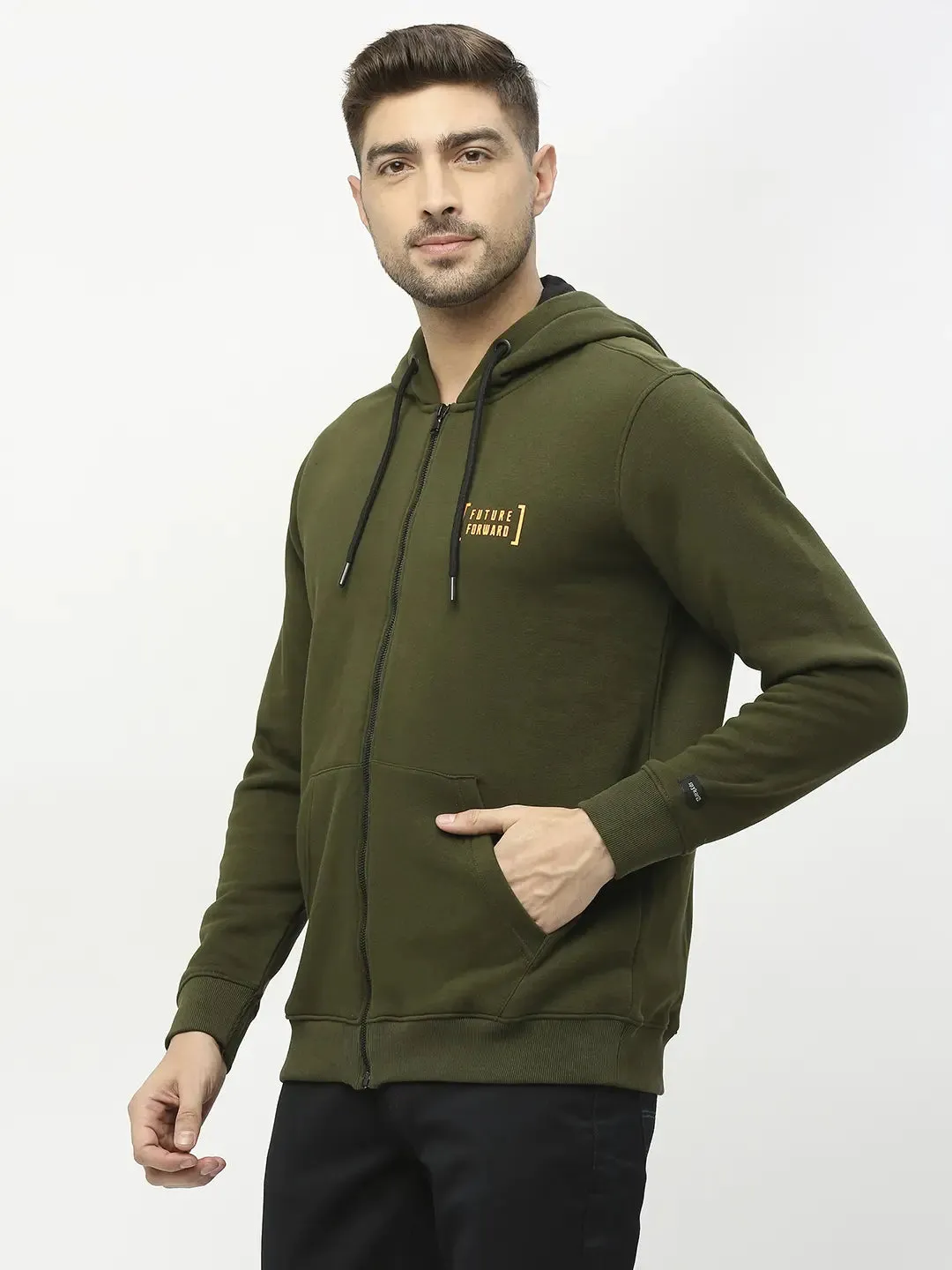 Spykar Men Rifle Green Blended Regular Fit Hooded Plain Sweatshirt