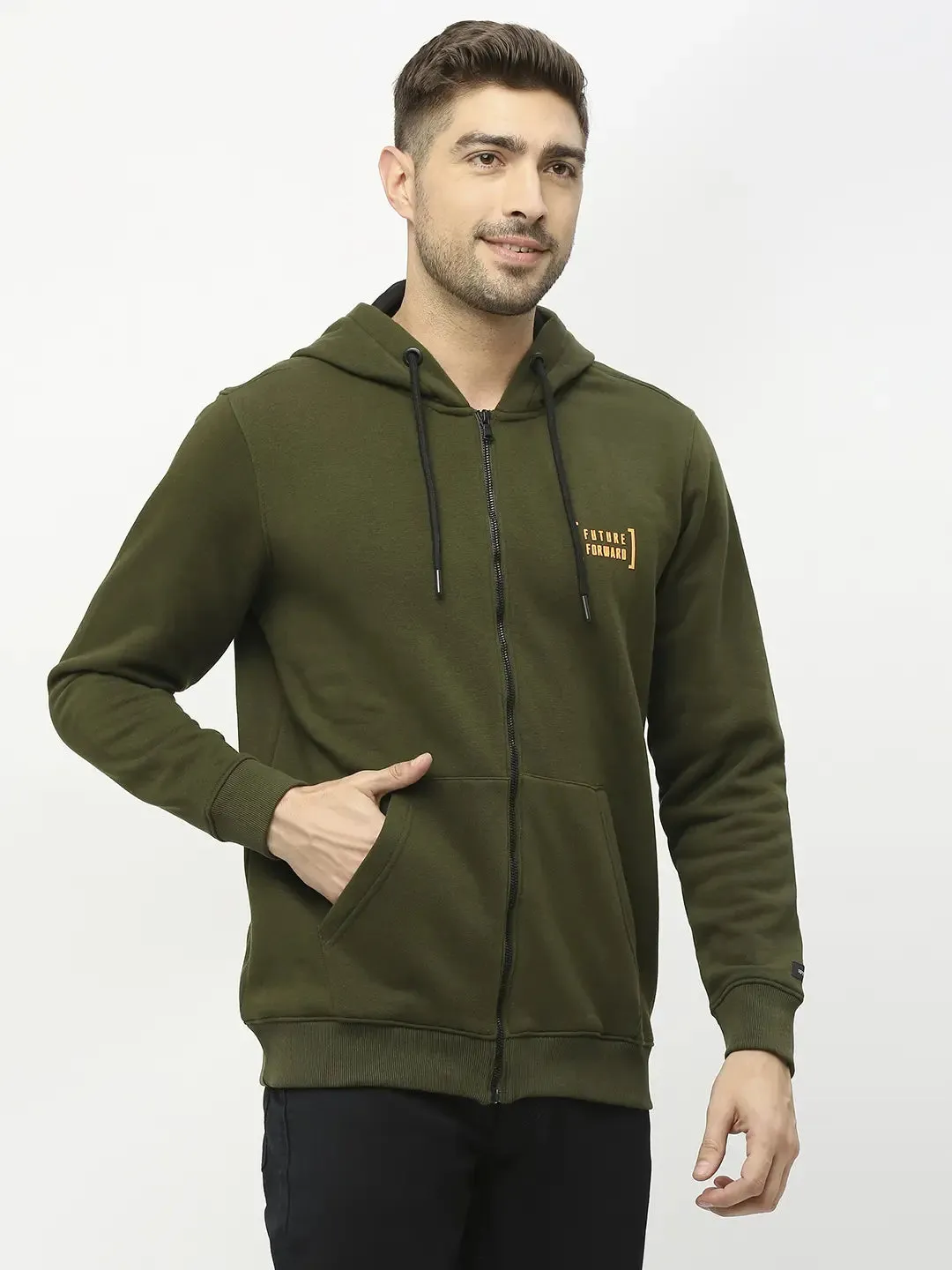 Spykar Men Rifle Green Blended Regular Fit Hooded Plain Sweatshirt