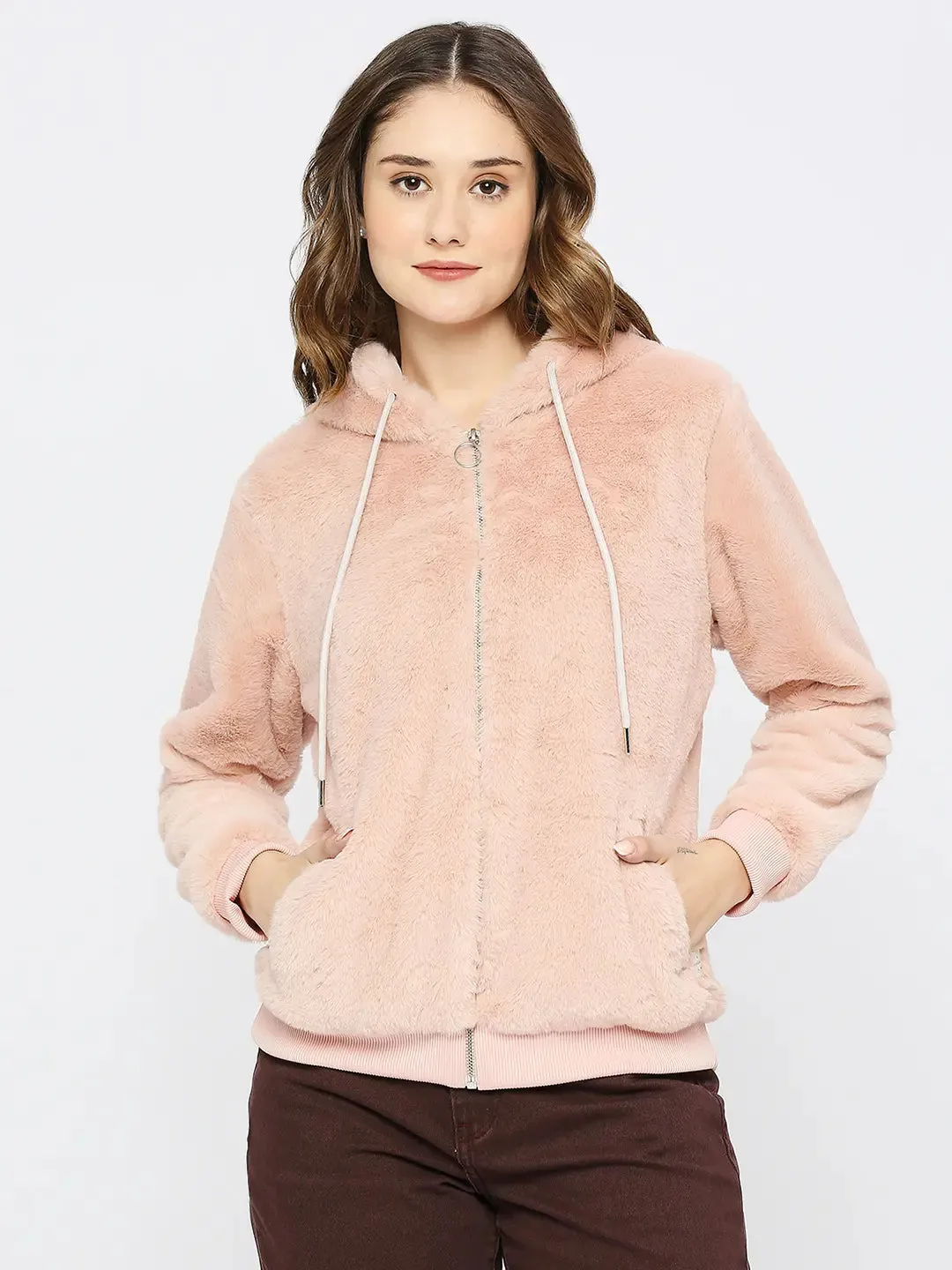 Spykar Women Pink Blended Regular Fit Plain Hoodie