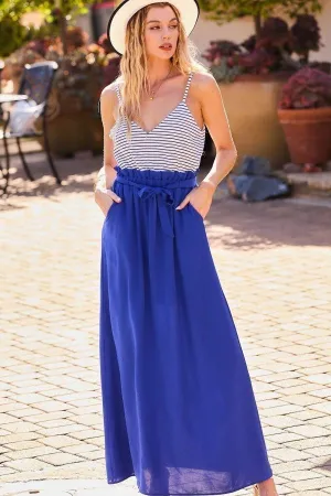 Striped Print Cami Sol Top Hi-waist Skirt Side Pocket Maxi Dress - Ships from The US