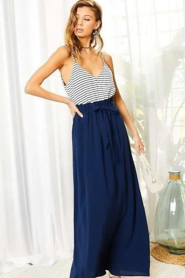 Striped Print Cami Sol Top Hi-waist Skirt Side Pocket Maxi Dress - Ships from The US