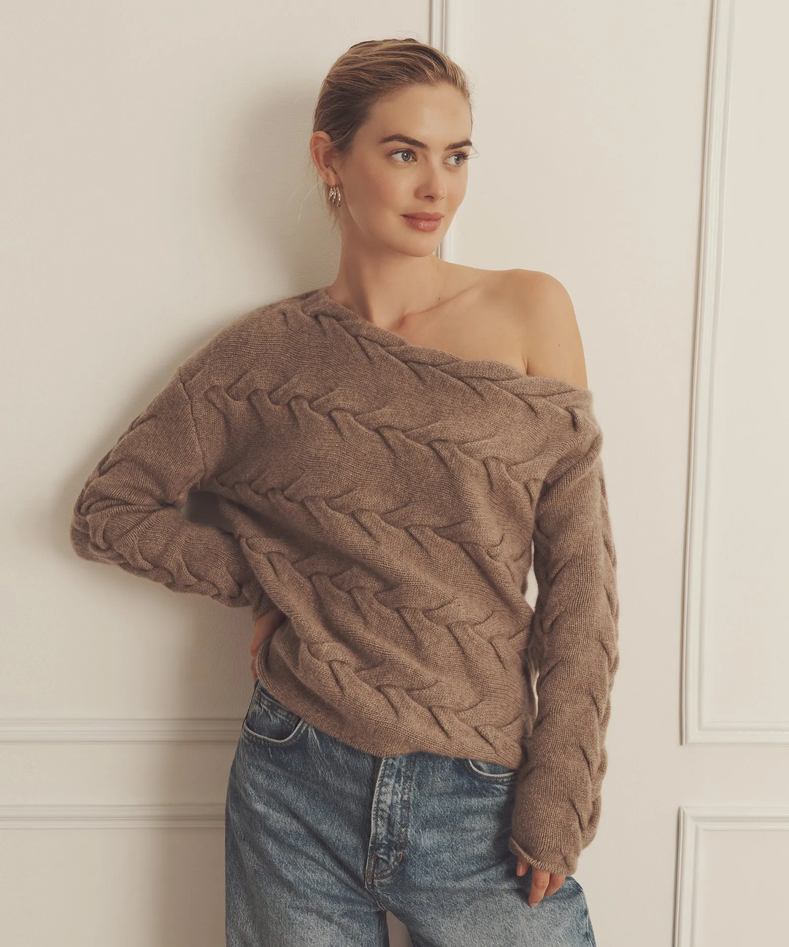 Super Luxe Cashmere Cable Off the Shoulder Top