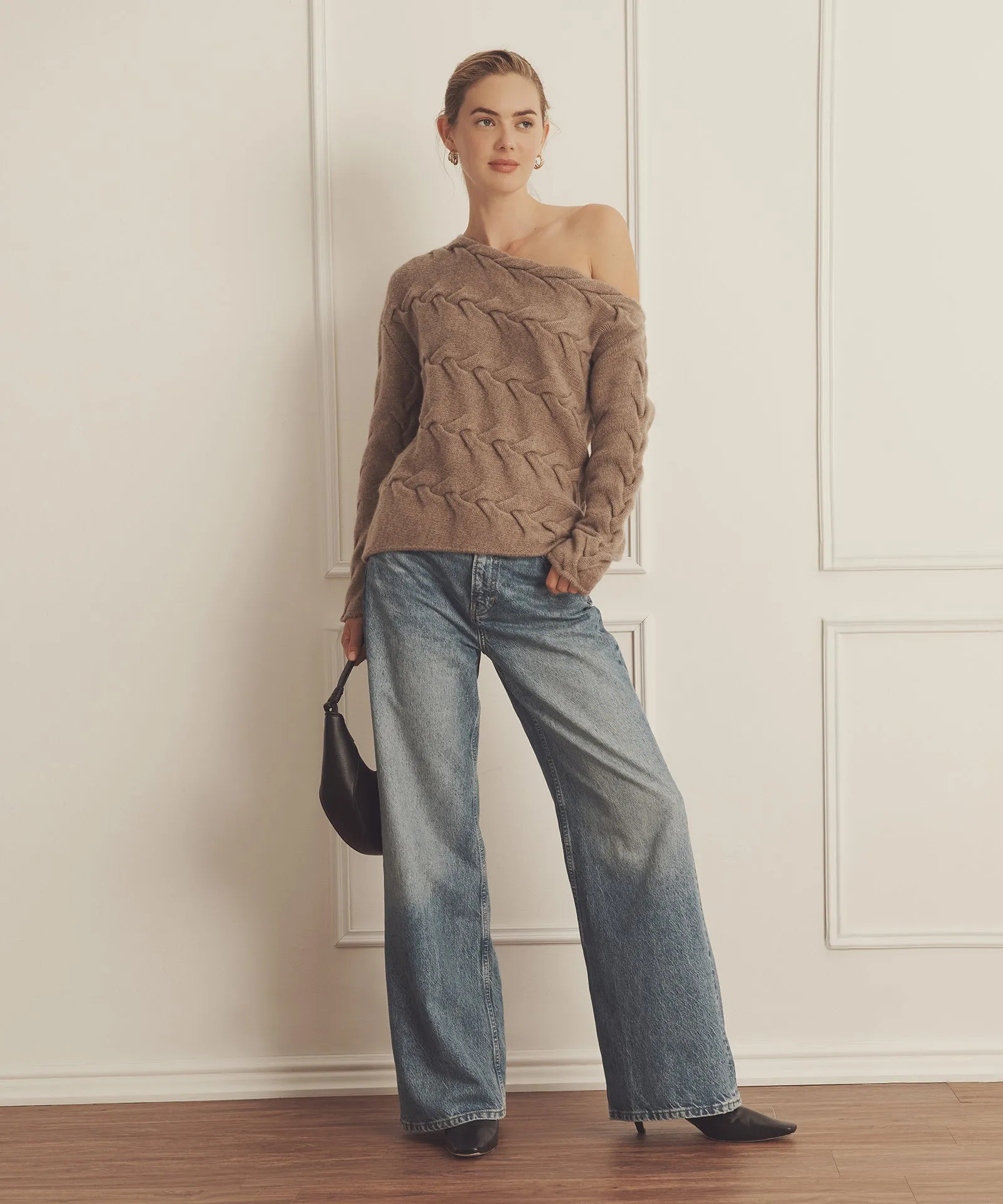 Super Luxe Cashmere Cable Off the Shoulder Top