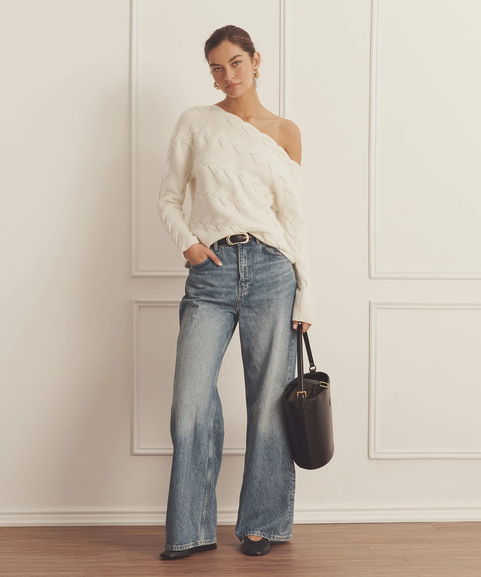 Super Luxe Cashmere Cable Off the Shoulder Top