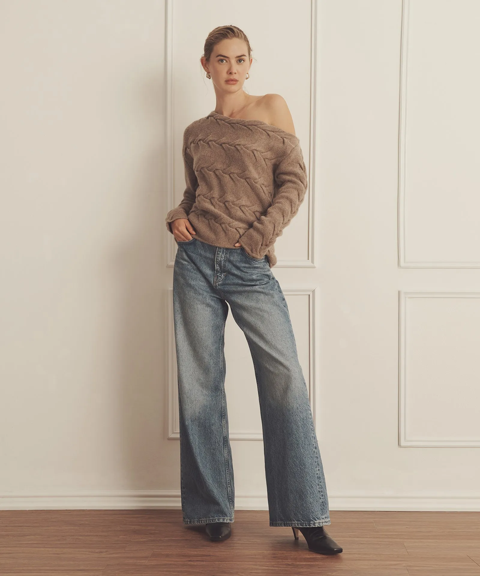 Super Luxe Cashmere Cable Off the Shoulder Top