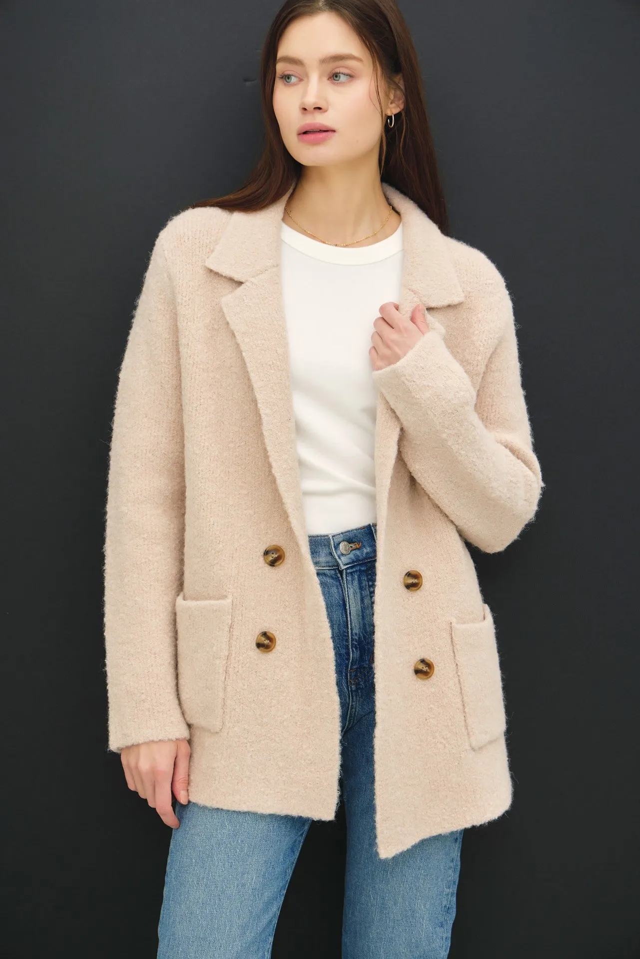 Textured Double-Breasted Coat with Pockets