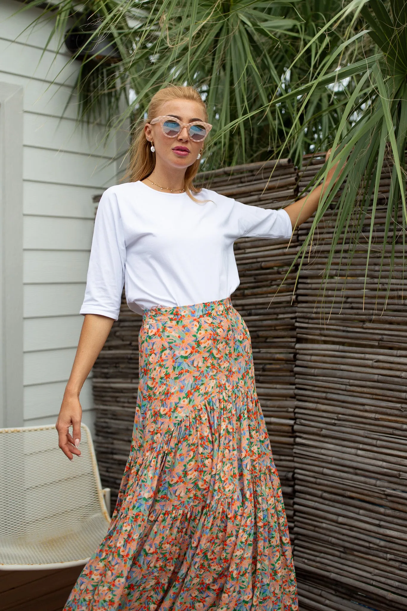 Tiered Maxi Skirt- Vibrant Floral Sketch