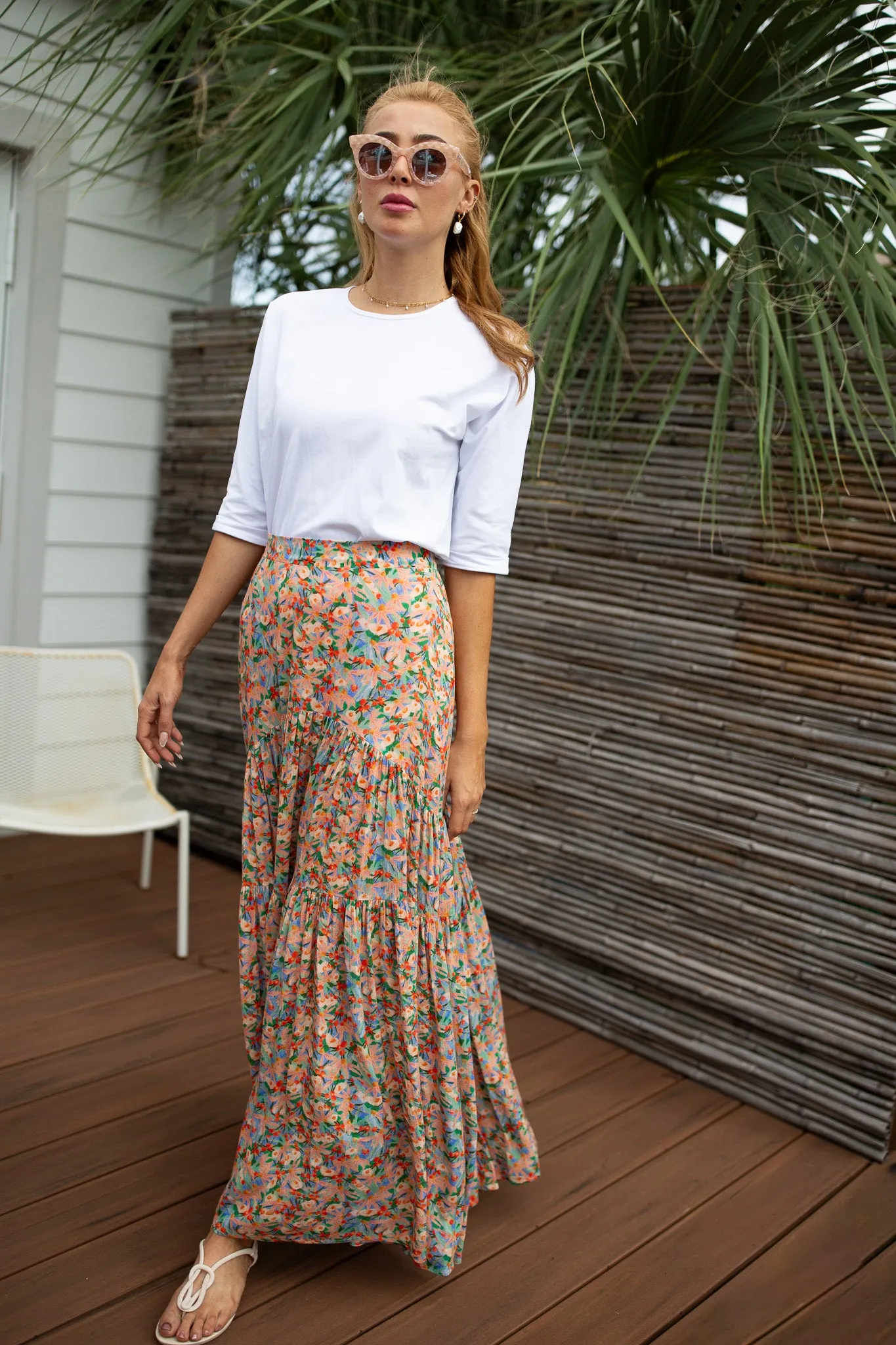 Tiered Maxi Skirt- Vibrant Floral Sketch