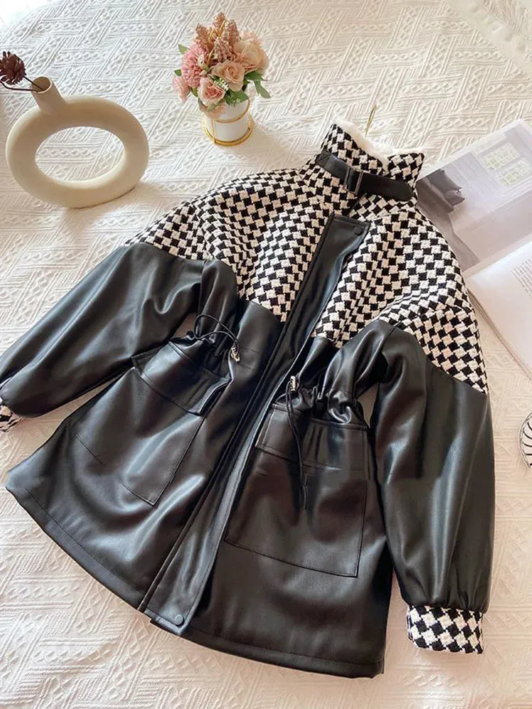 Toleet-Winter Outfits Christmas Black Friday 2024 New Winter Sheepskin PU Leather Jacket Women Mid-length Velvet Cashmere Parka Winter Faux Fur Leather Checkerboard Jacket