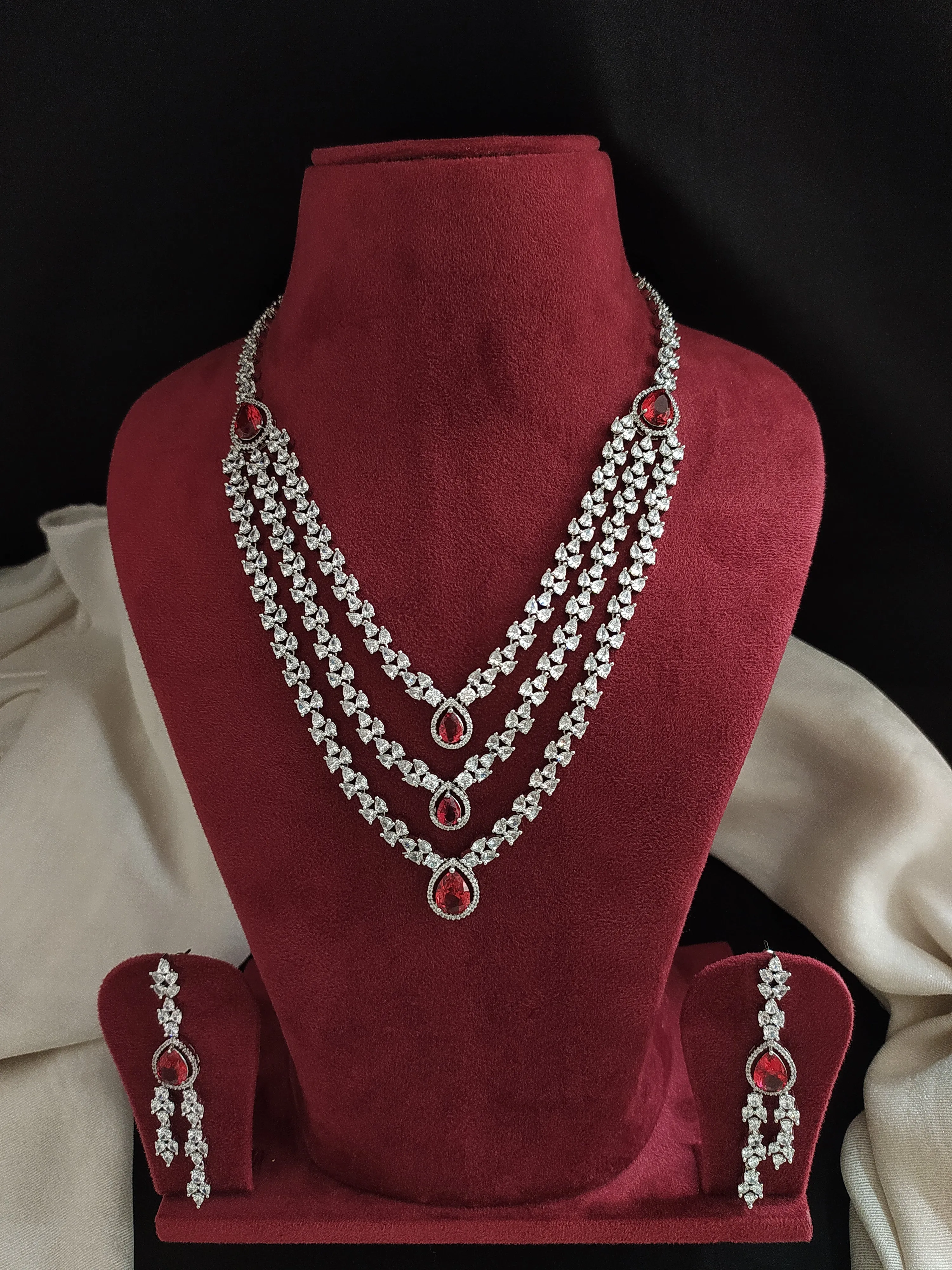 Triple Layer Necklace With Zircon Stones And With Centre Ruby