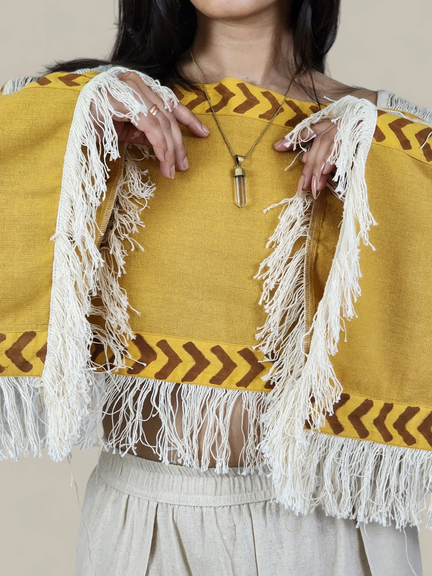 Turmeric Yellow Long Sleeve Crop Top with Fringe