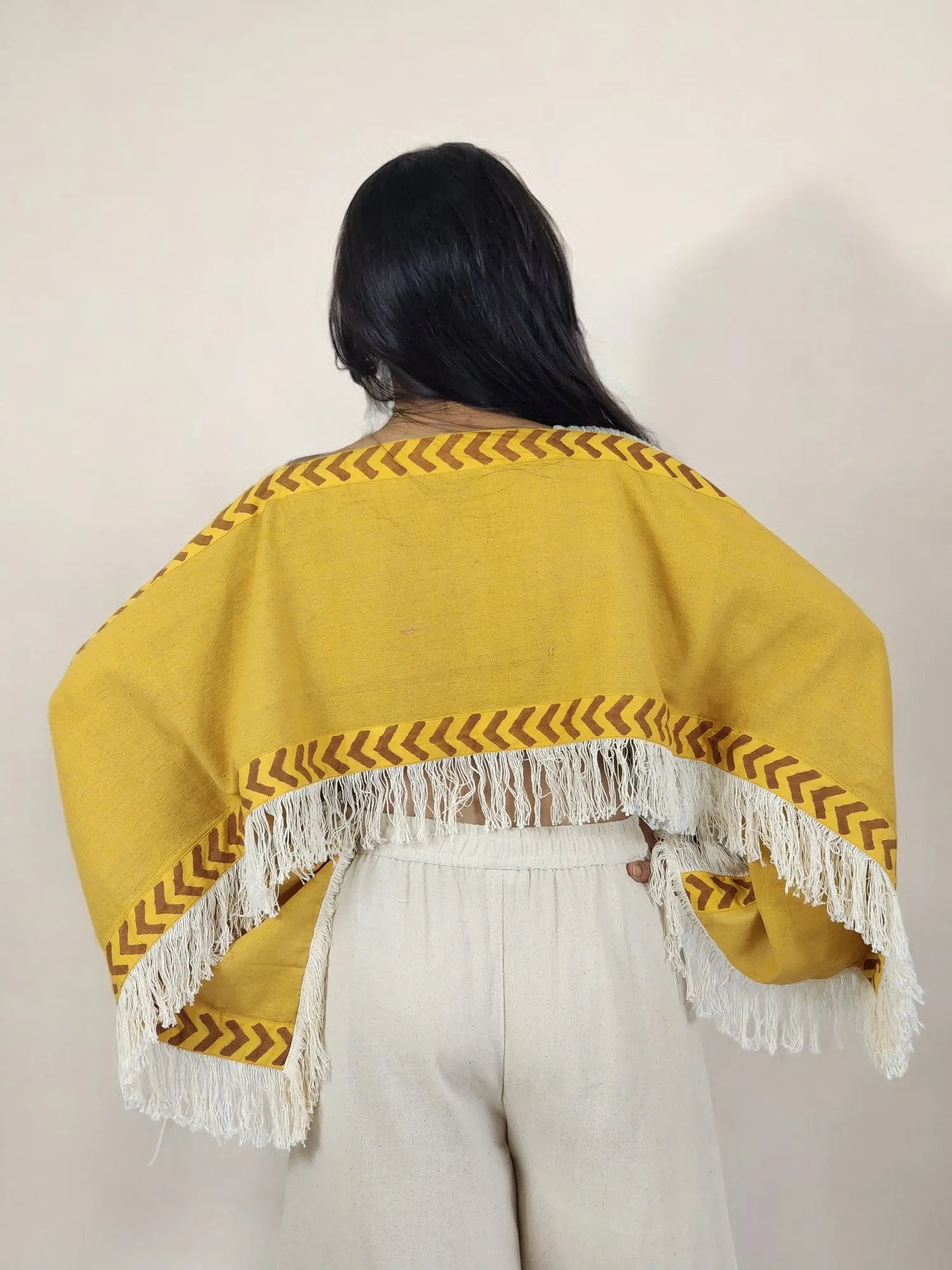 Turmeric Yellow Long Sleeve Crop Top with Fringe