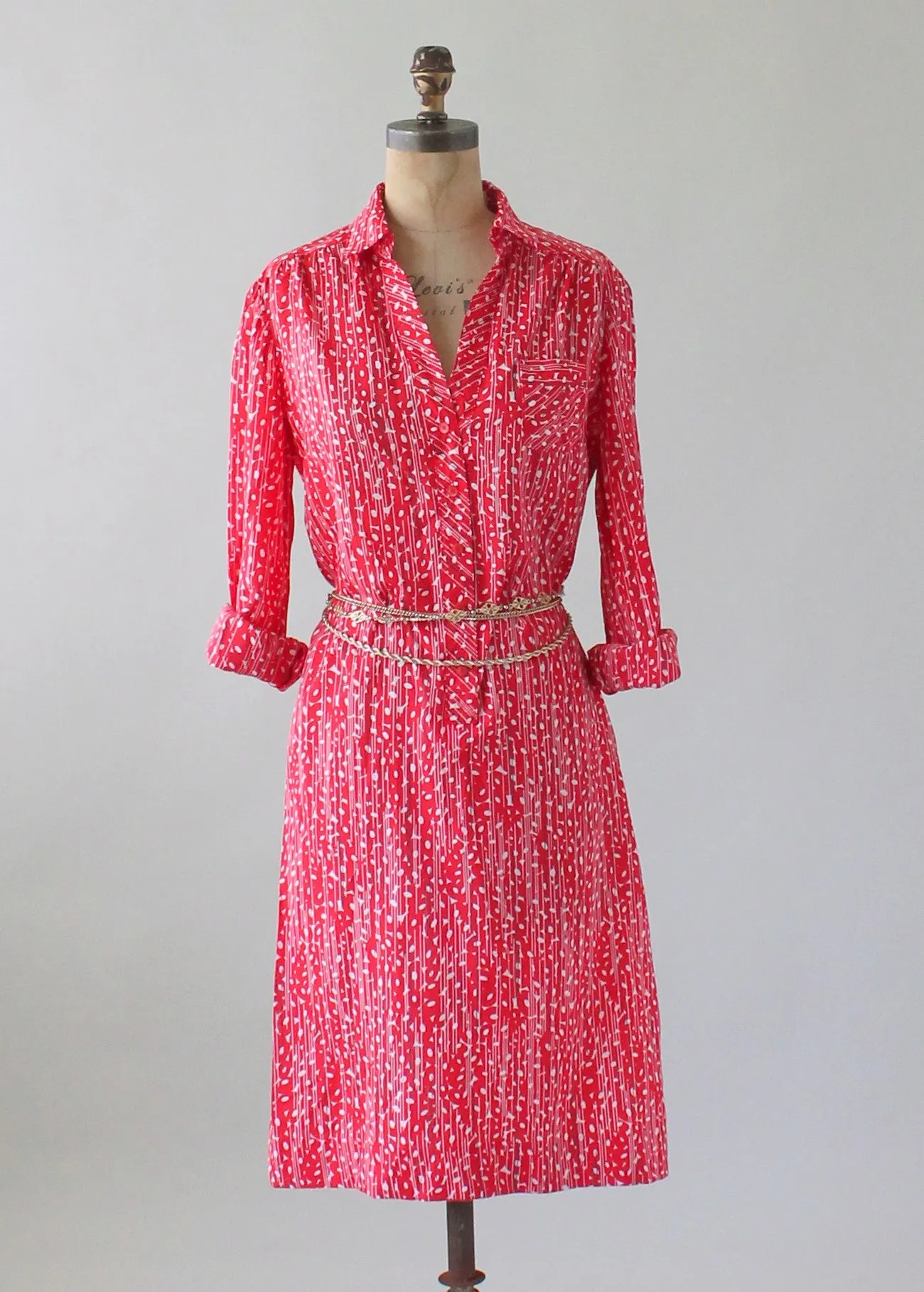 Vintage 1980s City Girl Red Print Shirt Dress