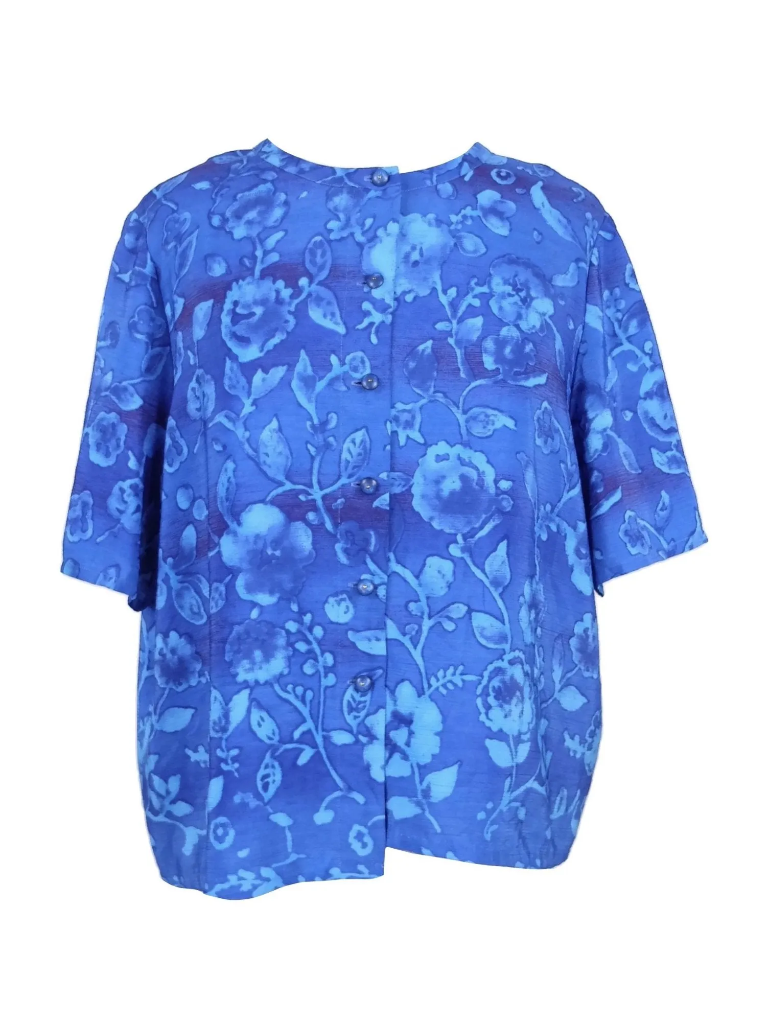 Vintage 80s Bright Blue Floral Short Sleeve Button Down Boxy Blouse