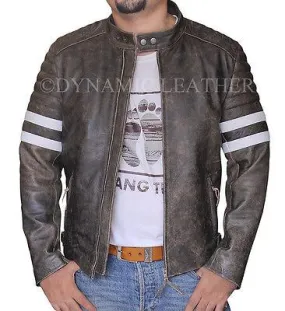 Vintage Fight Club Leather Motorcycle Biker Jackets with white stripes