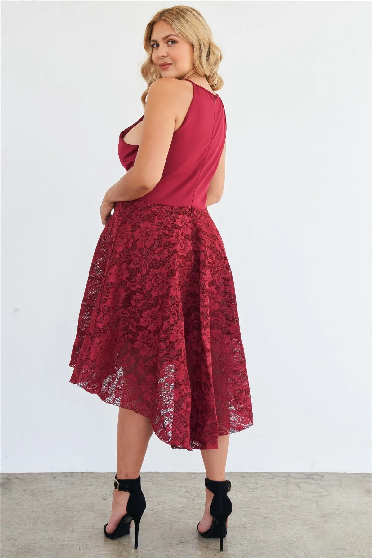 Voluptuous ( )Plus Size Cabernet Square Neckline Hi-low Floral Lace Maxi Dress