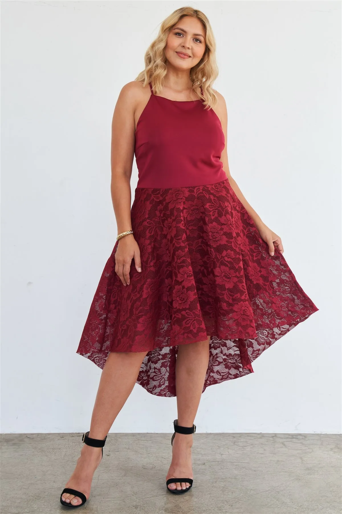 Voluptuous ( )Plus Size Cabernet Square Neckline Hi-low Floral Lace Maxi Dress