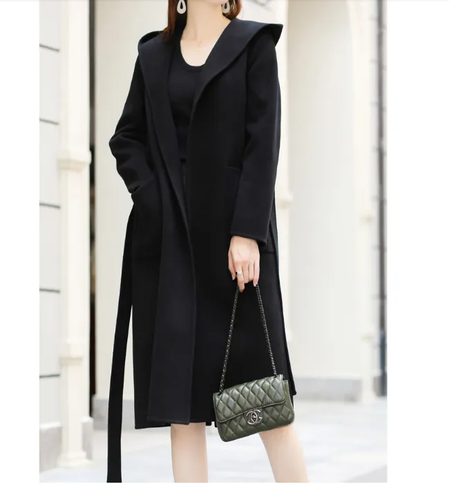 Waist Belt Wool Coat Handmade Long Warm Women Wool Coat Jacket/9800