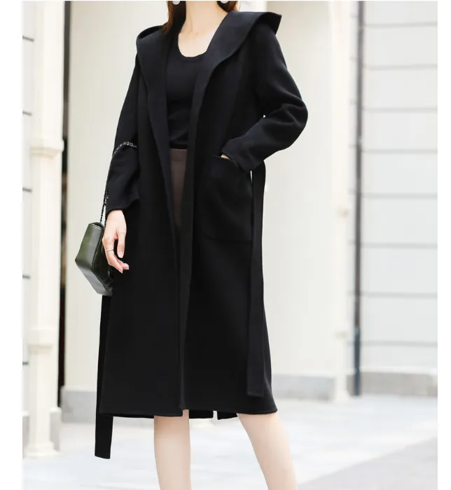 Waist Belt Wool Coat Handmade Long Warm Women Wool Coat Jacket/9800