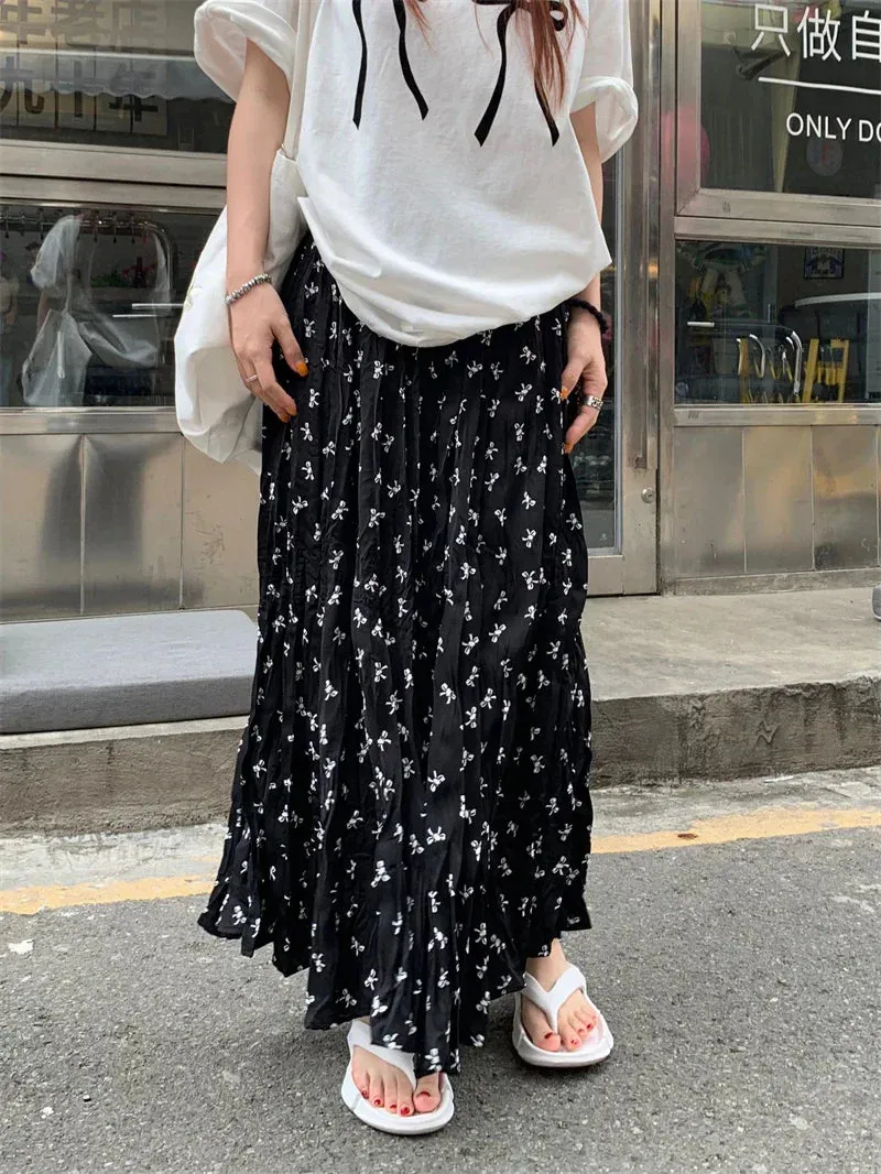 Waist Holiday Print Big Maxi Bows Summer Casual Elastic Swing Chic Skirt